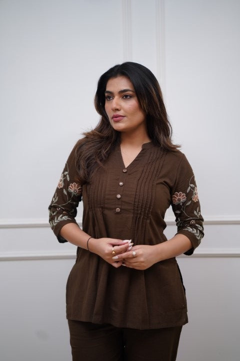 Women's Cotton Embroidery Straight Short kurti With Pant set