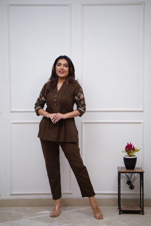 Women's Cotton Embroidery Straight Short kurti With Pant set