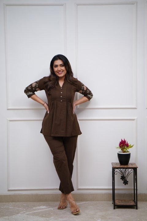 Women's Cotton Embroidery Straight Short kurti With Pant set