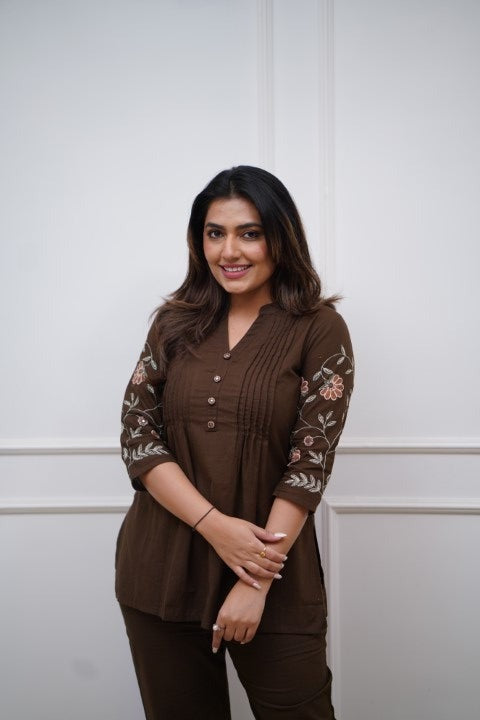 Women's Cotton Embroidery Straight Short kurti With Pant set