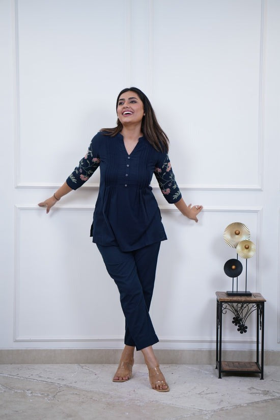 Women's Cotton Embroidery Straight Short kurti With Pant set