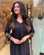 Women's Rayon Embroidered Straight Kurti With Pant Set