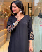 Women's Rayon Embroidered Straight Kurti With Pant Set
