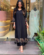 Women's Rayon Embroidered Straight Kurti With Pant Set
