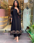 Women's Rayon Embroidered Straight Kurti With Pant Set