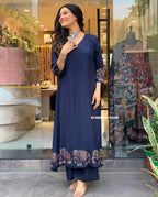 Women's Rayon Embroidered Straight Kurti With Pant Set