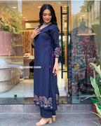 Women's Rayon Embroidered Straight Kurti With Pant Set
