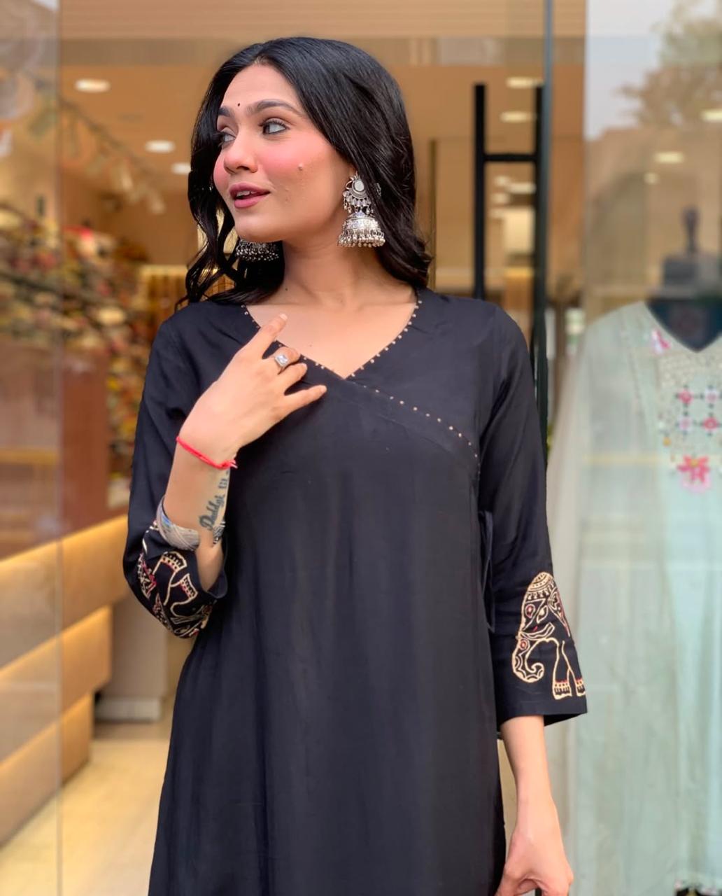 Women's Rayon Embroidered Straight Kurti With Pant Set