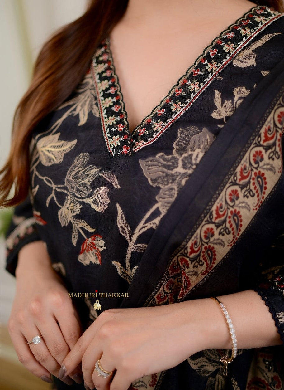 Women's Cotton Floral Printed Straight Kurti With Afghani Style Pant and Dupatta Set