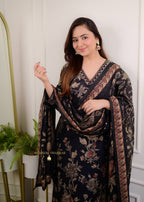 Women's Cotton Floral Printed Straight Kurti With Afghani Style Pant and Dupatta Set