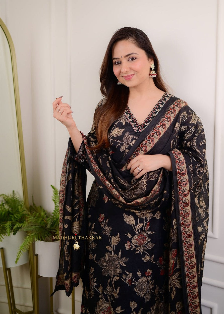Women's Cotton Floral Printed Straight Kurti With Afghani Style Pant and Dupatta Set