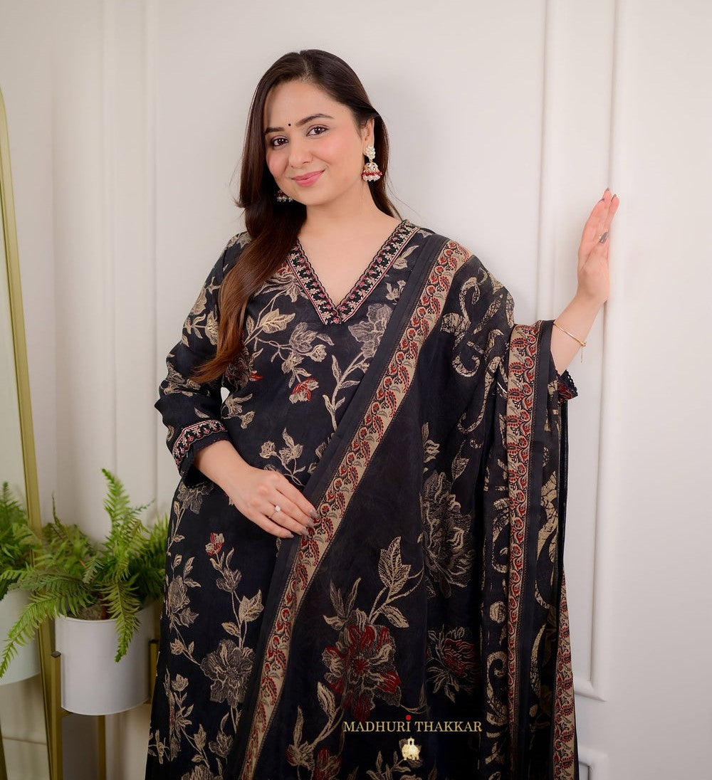 Women's Cotton Floral Printed Straight Kurti With Afghani Style Pant and Dupatta Set