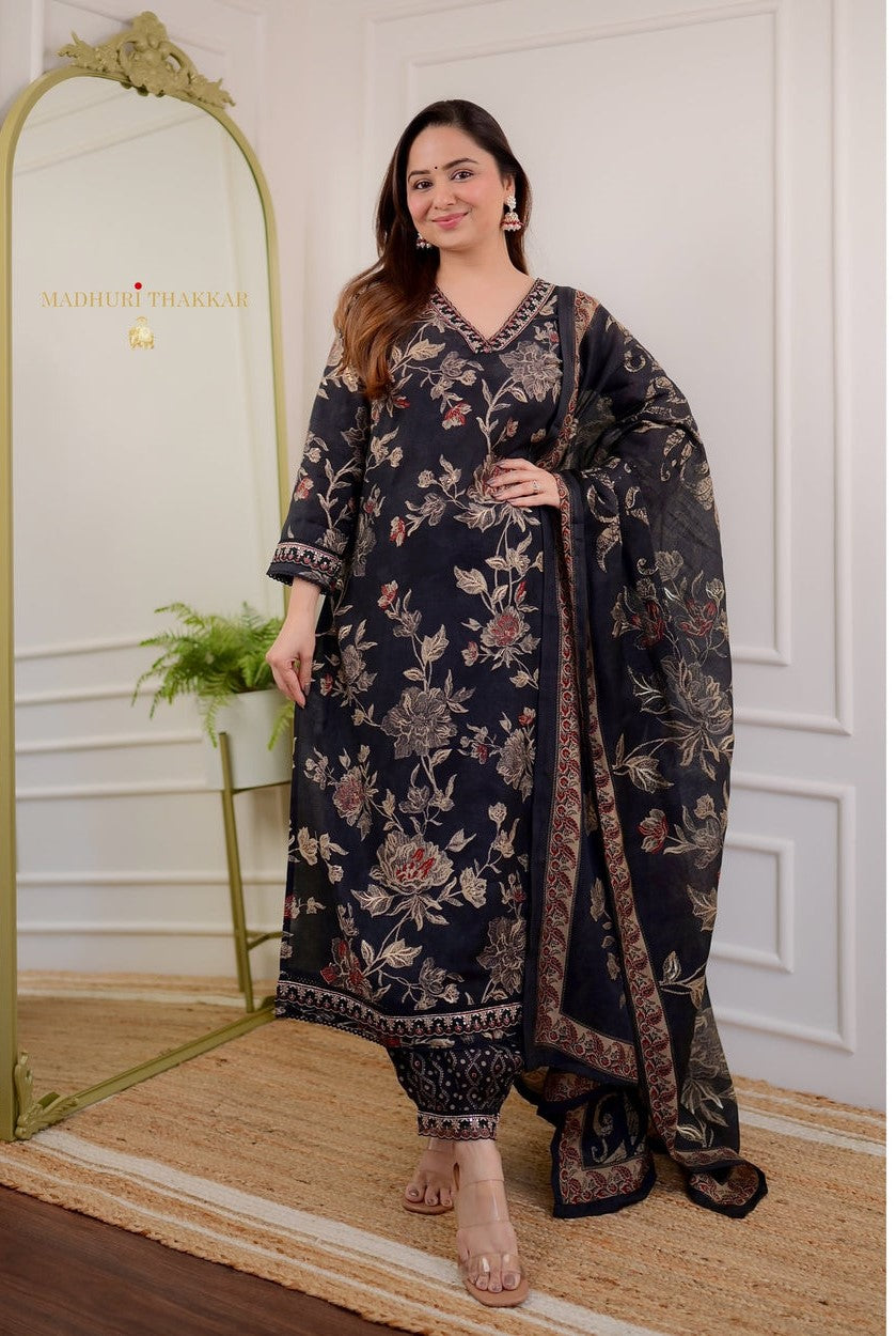 Women's Cotton Floral Printed Straight Kurti With Afghani Style Pant and Dupatta Set