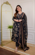 Women's Cotton Floral Printed Straight Kurti With Afghani Style Pant and Dupatta Set