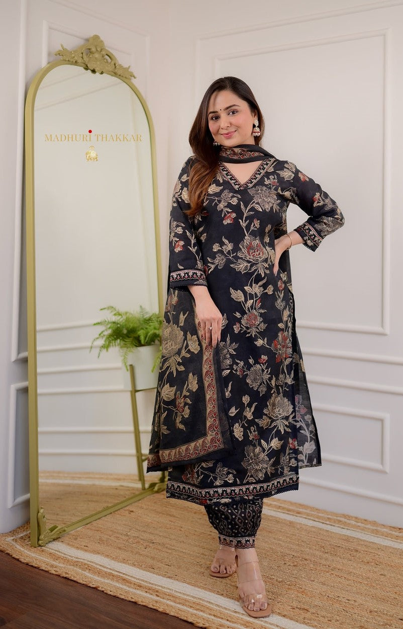 Women's Cotton Floral Printed Straight Kurti With Afghani Style Pant and Dupatta Set
