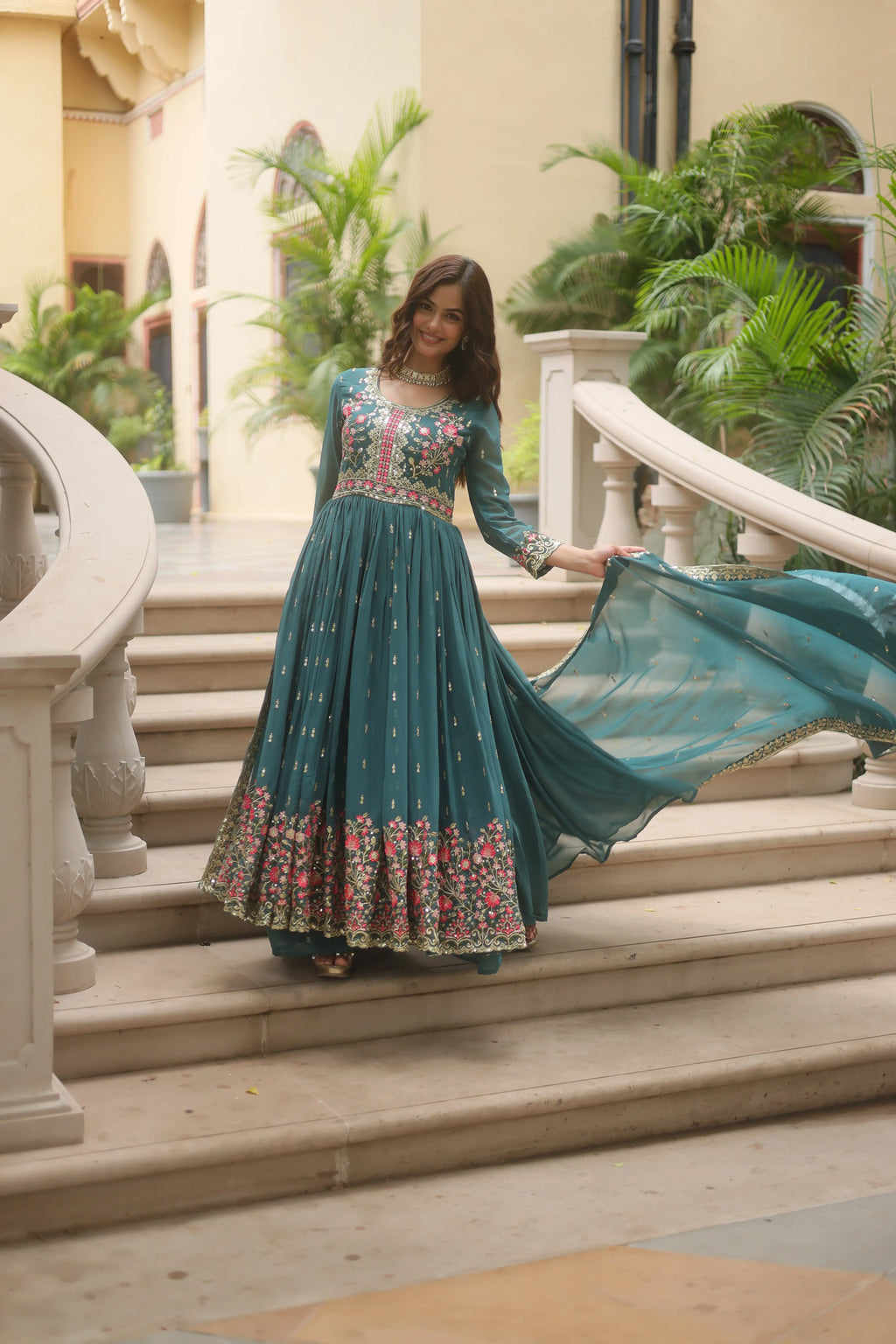 Rama Faux Georgette Sequins Embroidered Kurti with Sharara & Dupatta Set