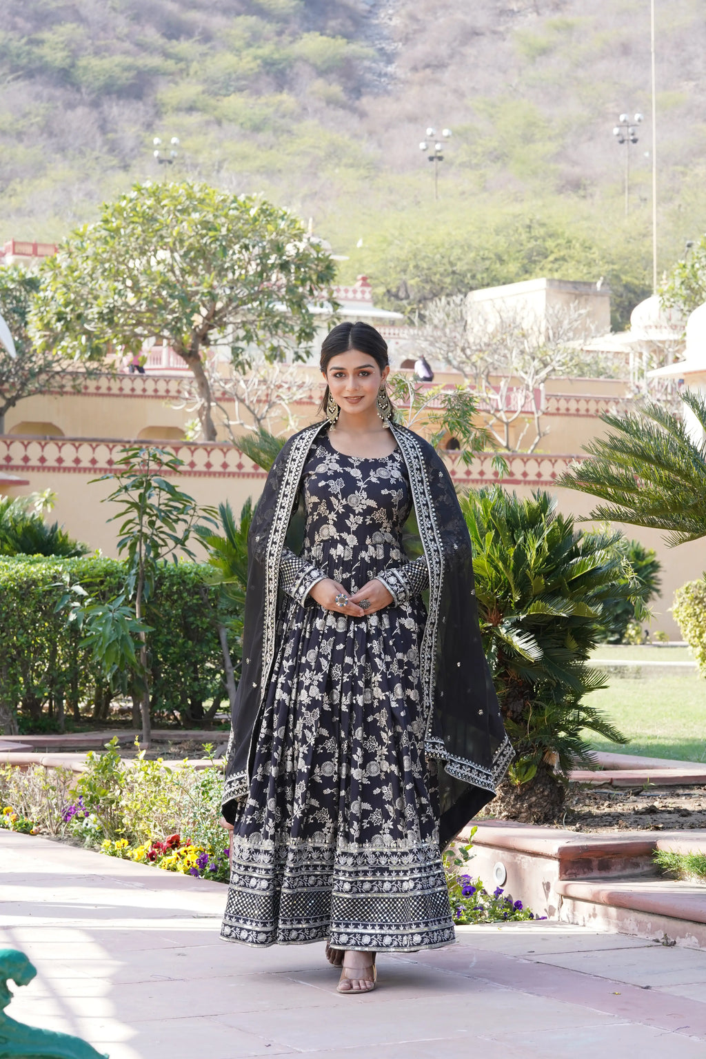Black Viscose Dyable Jacquard Gown with Russian Silk Sequined Dupatta – Elegant Party & Wedding Set