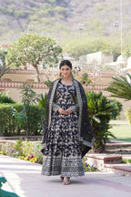 Black Viscose Dyable Jacquard Gown with Russian Silk Sequined Dupatta – Elegant Party & Wedding Set