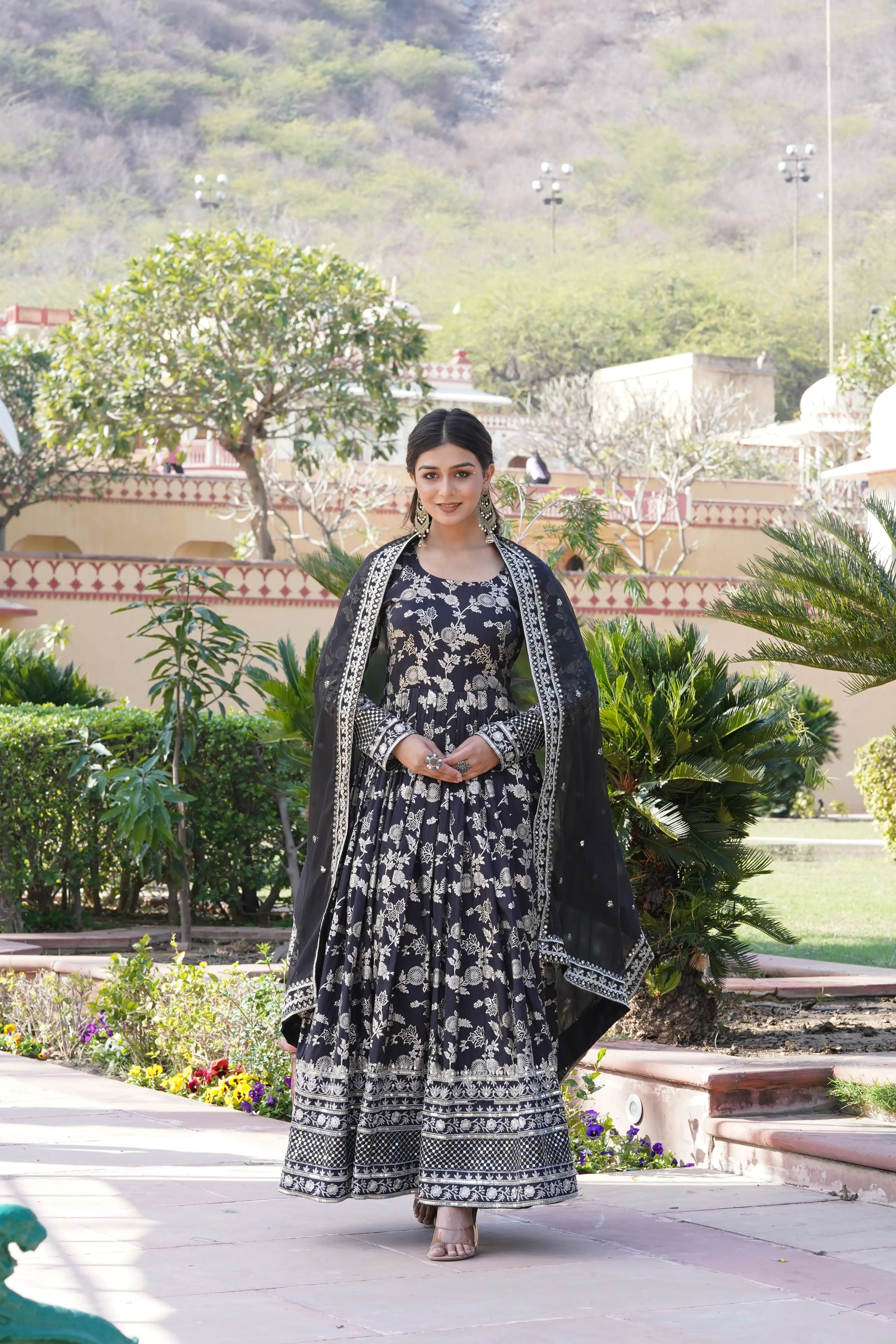Black Viscose Dyable Jacquard Gown with Russian Silk Sequined Dupatta – Elegant Party & Wedding Set