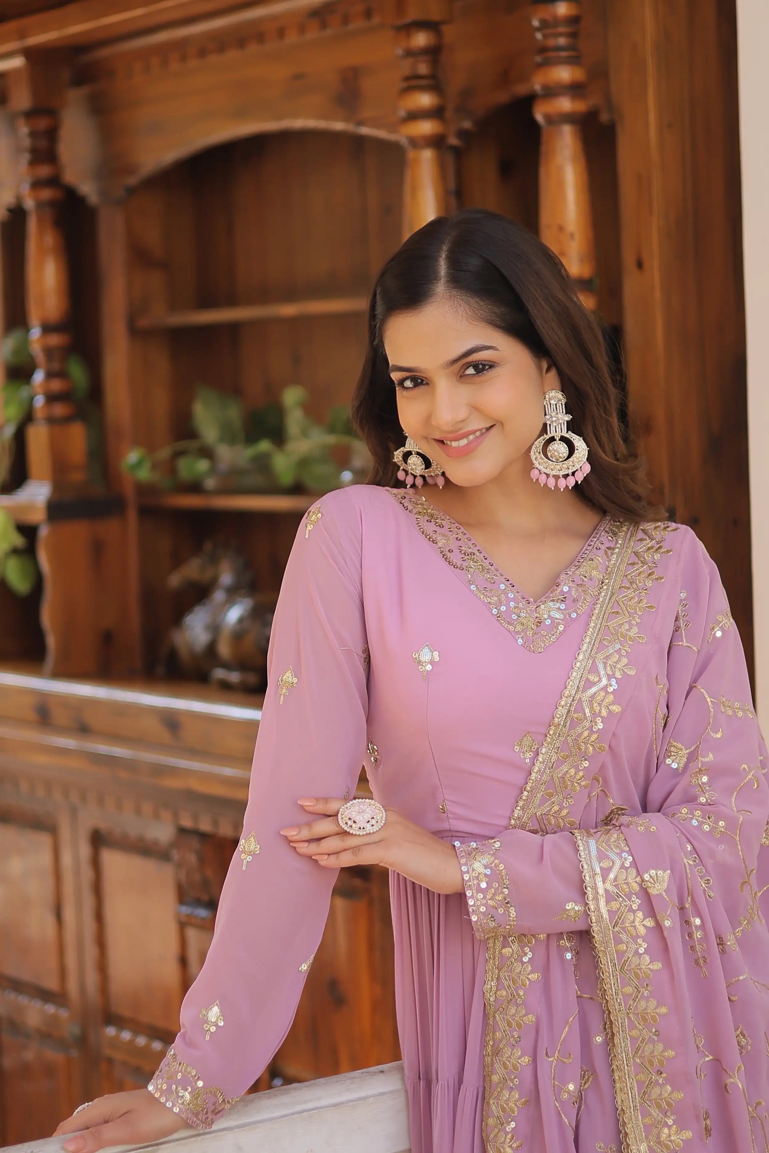 Purple Faux Georgette Designer Gown with Sequined Dupatta – Fully Flared Elegant Ready-to-Wear Set