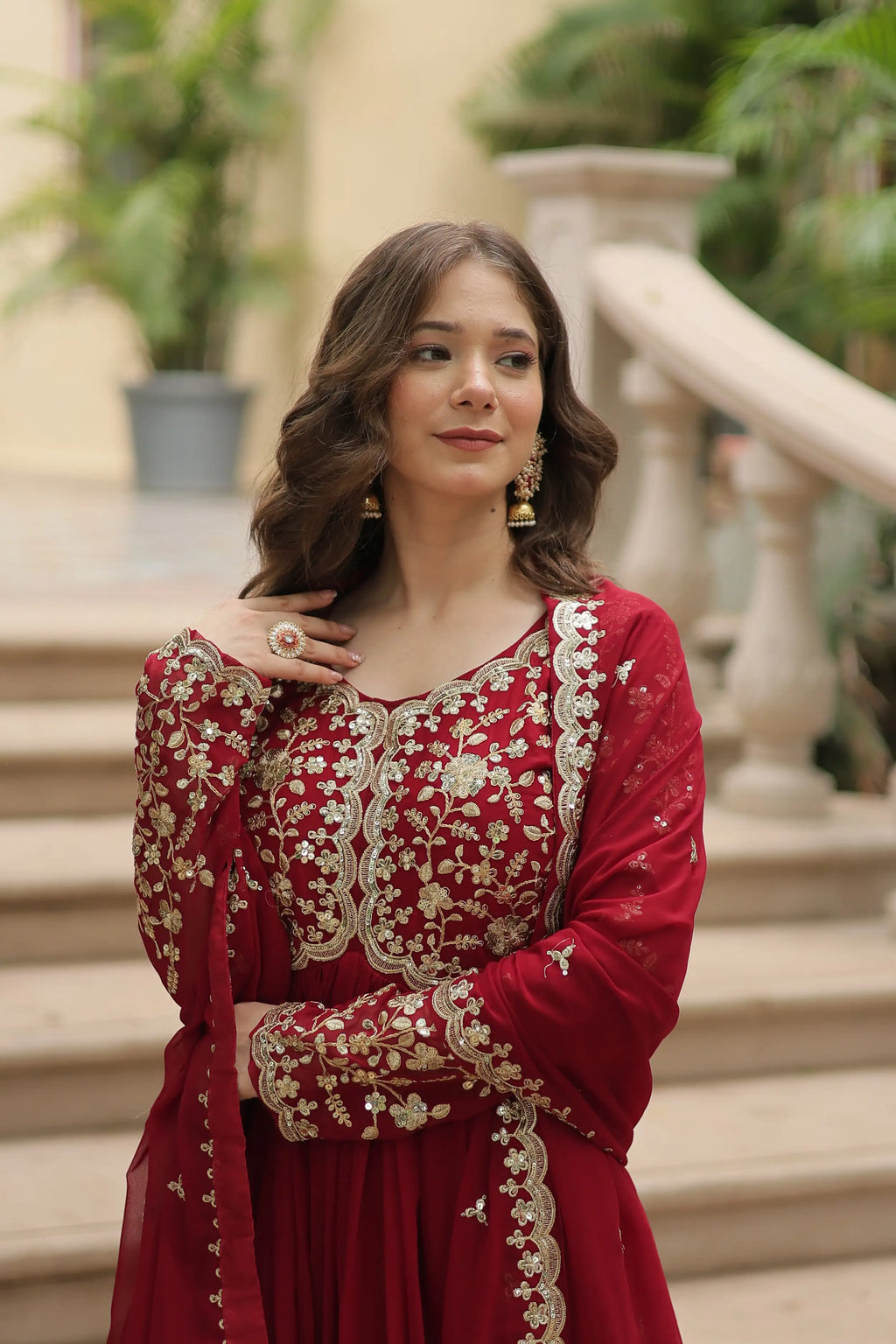 Maroon Faux Blooming Sequins & Zari Embroidered Gown with Matching Dupatta