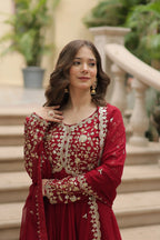 Maroon Faux Blooming Sequins & Zari Embroidered Gown with Matching Dupatta