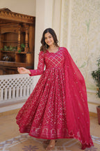 Rani Faux Blooming Designer Gown with Sequined Dupatta – Elegant Fully Flared Party & Wedding Set