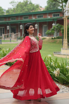 Red Faux Blooming Sequins & Zari Embroidered Gown with Matching Dupatta
