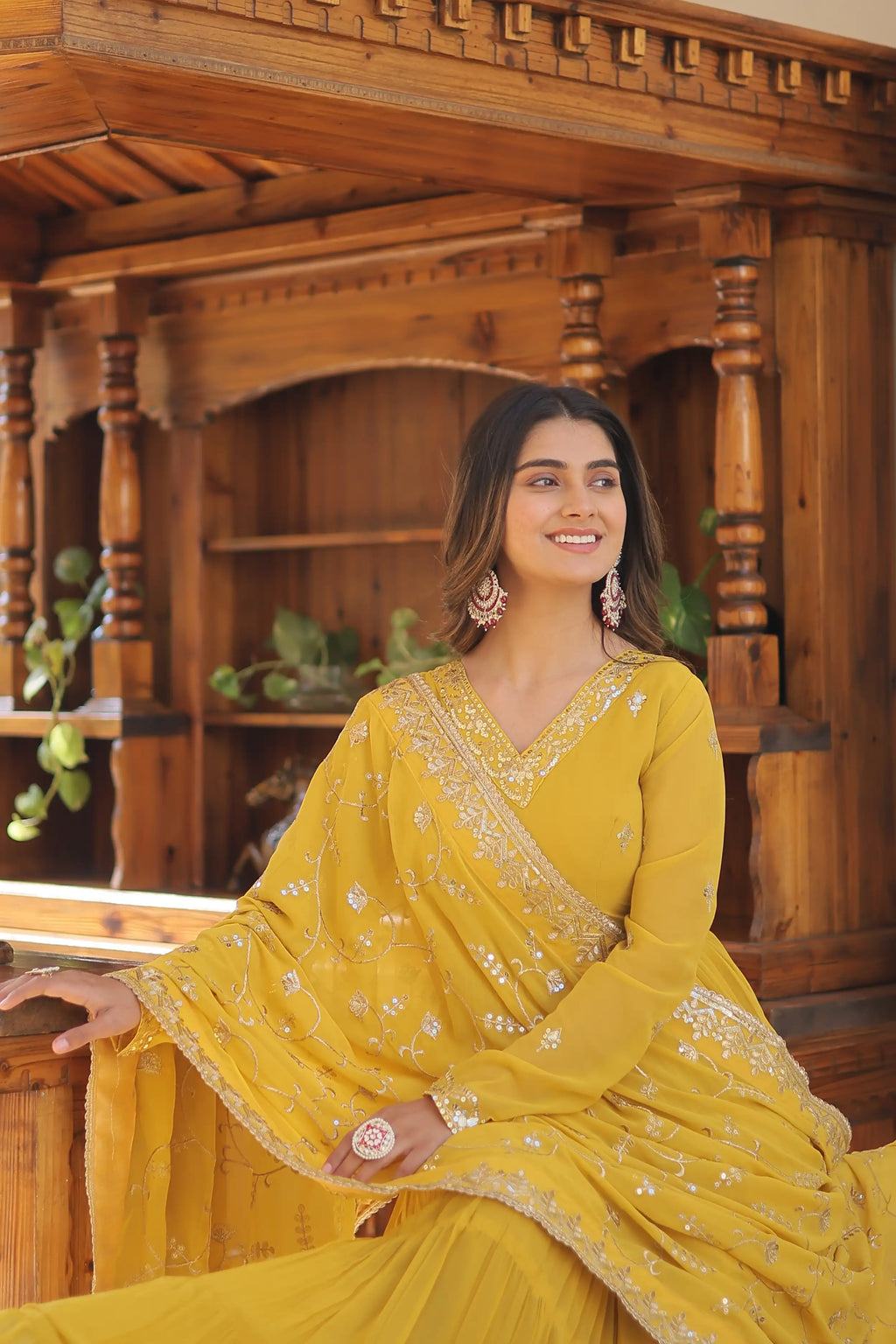 Yellow Faux Georgette Designer Gown with Sequined Dupatta – Fully Flared Elegant Party & Wedding Set