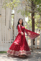 Maroon Designer Faux Blooming Anarkali Gown with Sequins Embroidered Dupatta – Wedding & Festive Wear