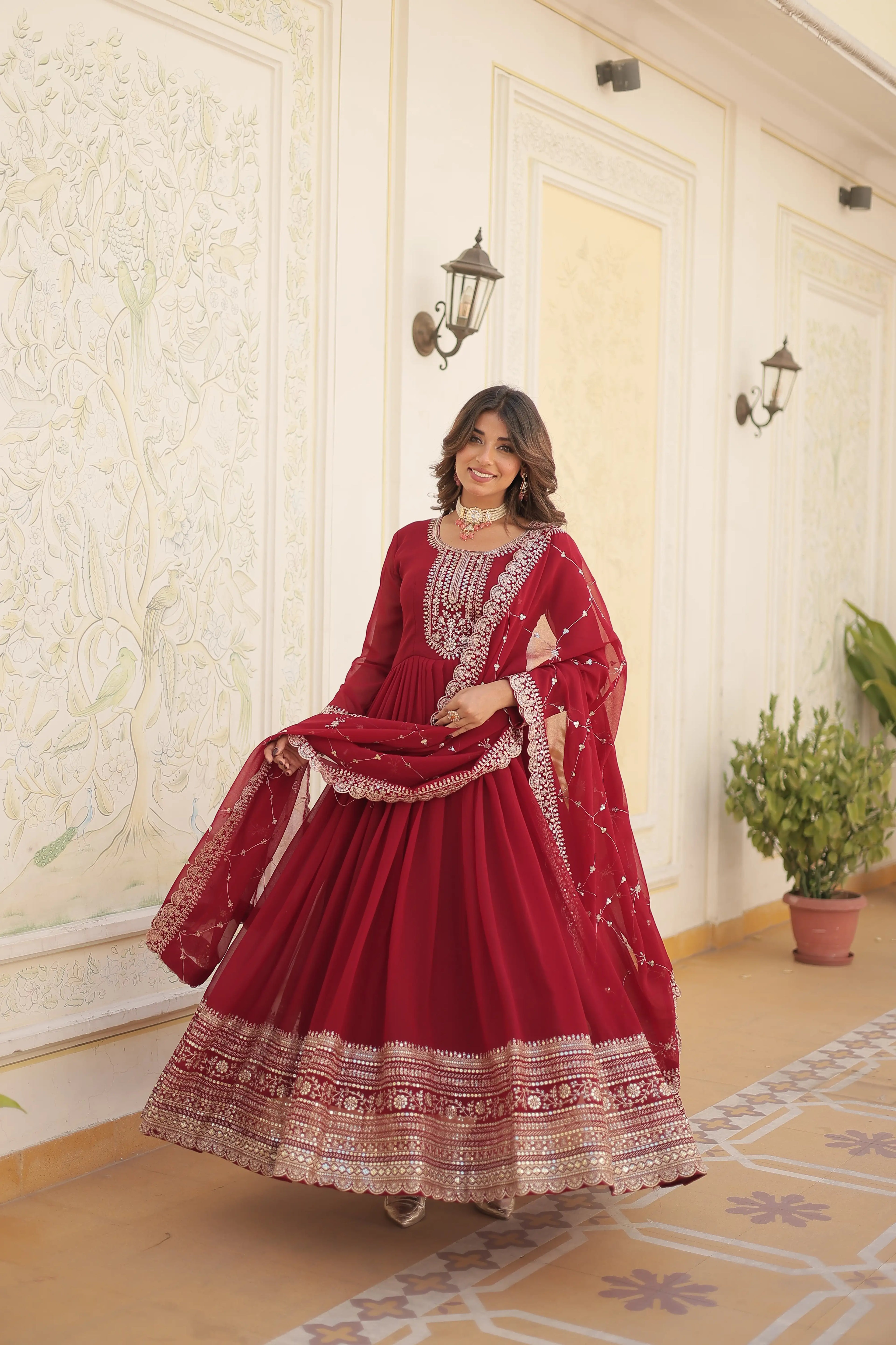 Maroon Faux Blooming Sequins Embroidered Gown with Matching Dupatta – Festive & Party Wear 2024