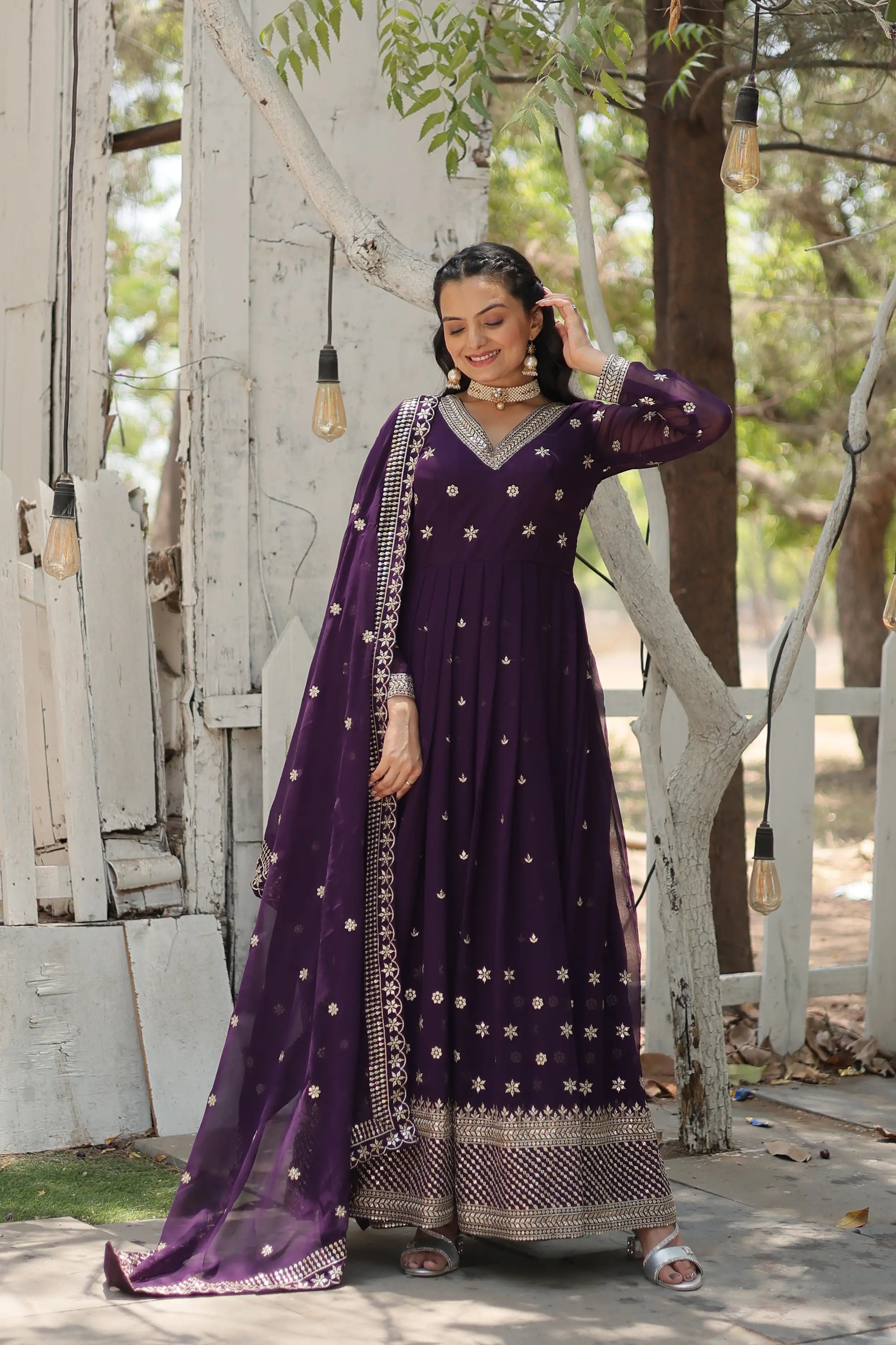 Purple Designer Faux Blooming Anarkali Gown with Sequins Embroidered Dupatta – Wedding & Festive Wear