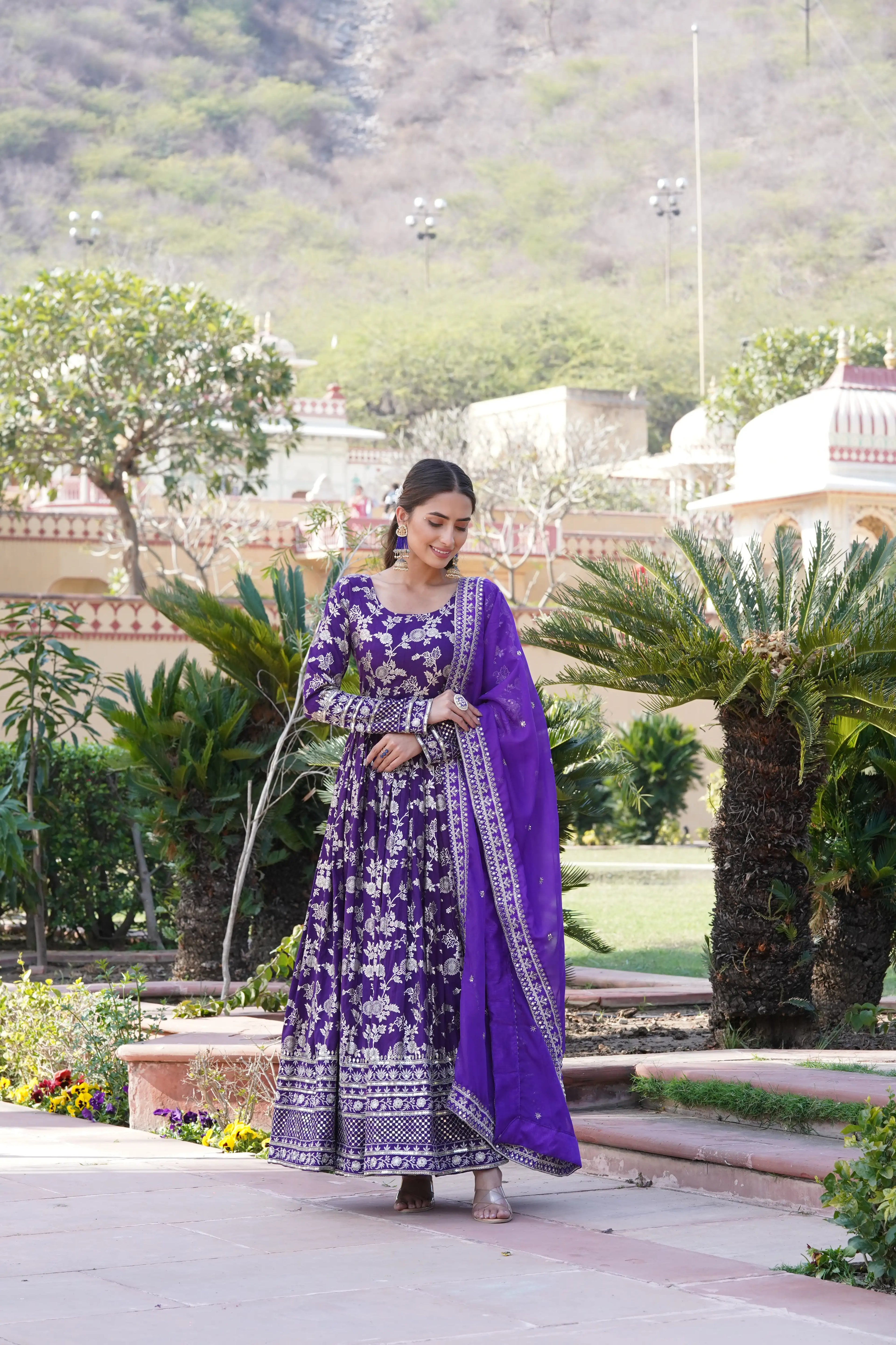 Purple Viscose Dyable Jacquard Gown with Russian Silk Sequined Dupatta – Elegant Party & Wedding Set