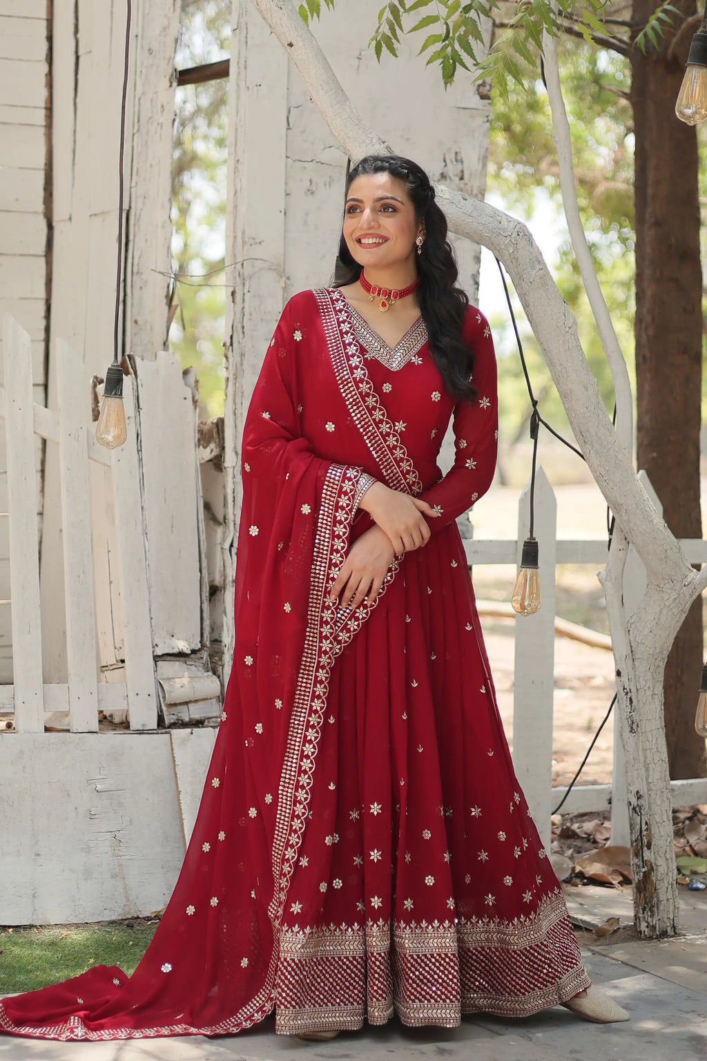 Maroon Designer Faux Blooming Anarkali Gown with Sequins Embroidered Dupatta – Wedding & Festive Wear