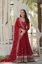 Maroon Designer Faux Blooming Anarkali Gown with Sequins Embroidered Dupatta – Wedding & Festive Wear