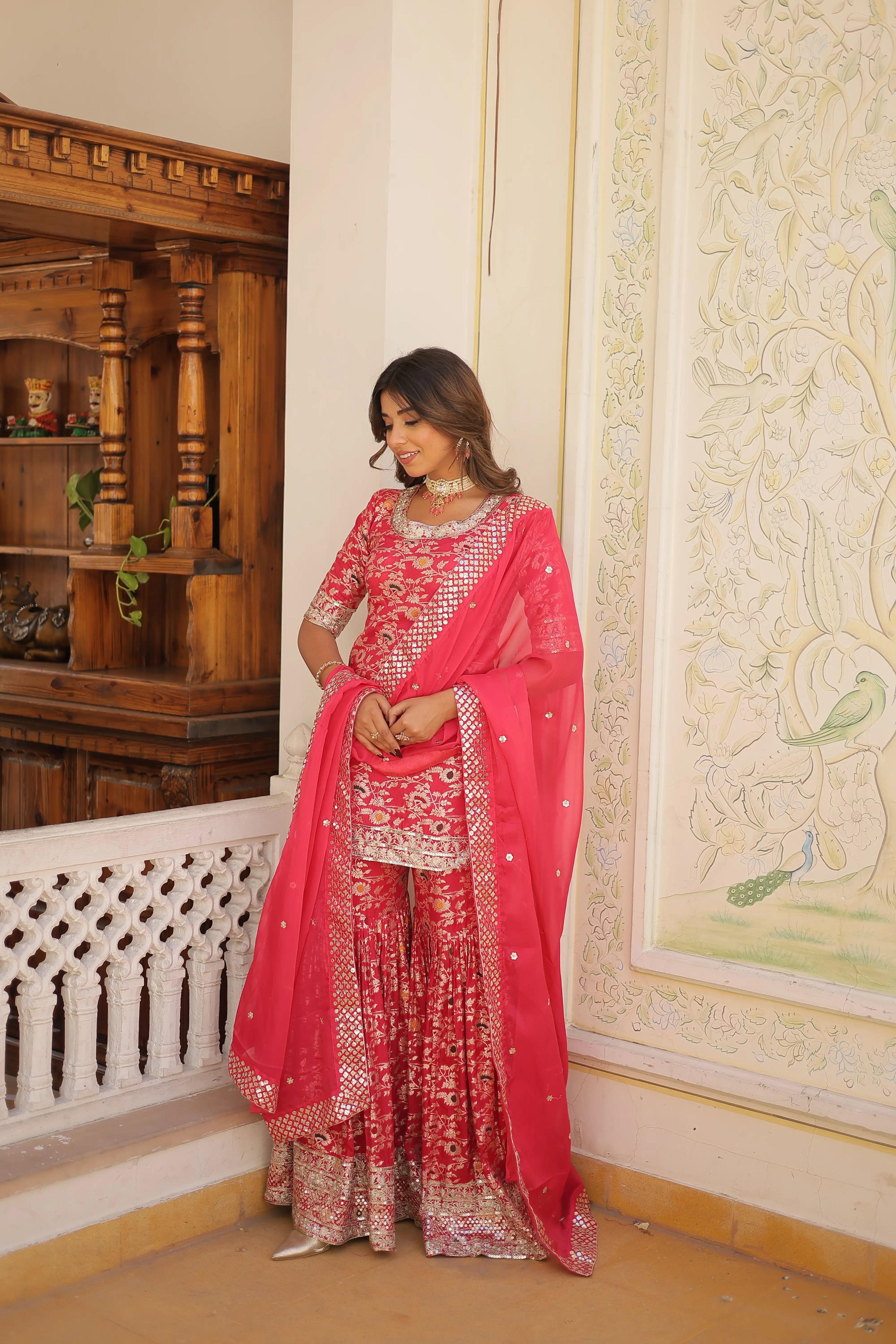 Pink Faux Blooming Sequins Embroidered Sharara Set with Matching Dupatta – Festive & Party Wear