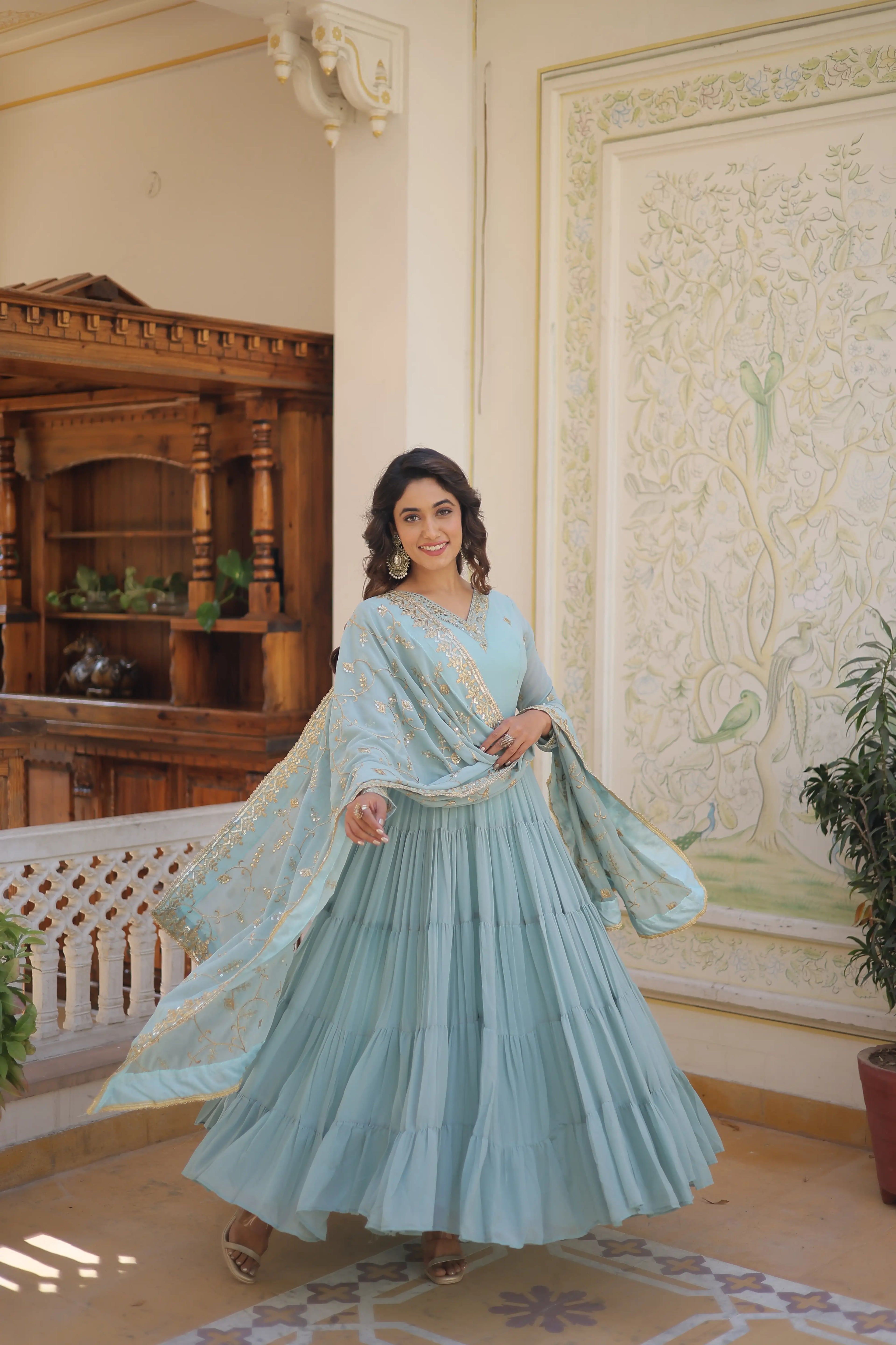 SKY Faux Georgette Designer Gown with Sequined Dupatta – Elegant Fully Flared Party & Wedding Set