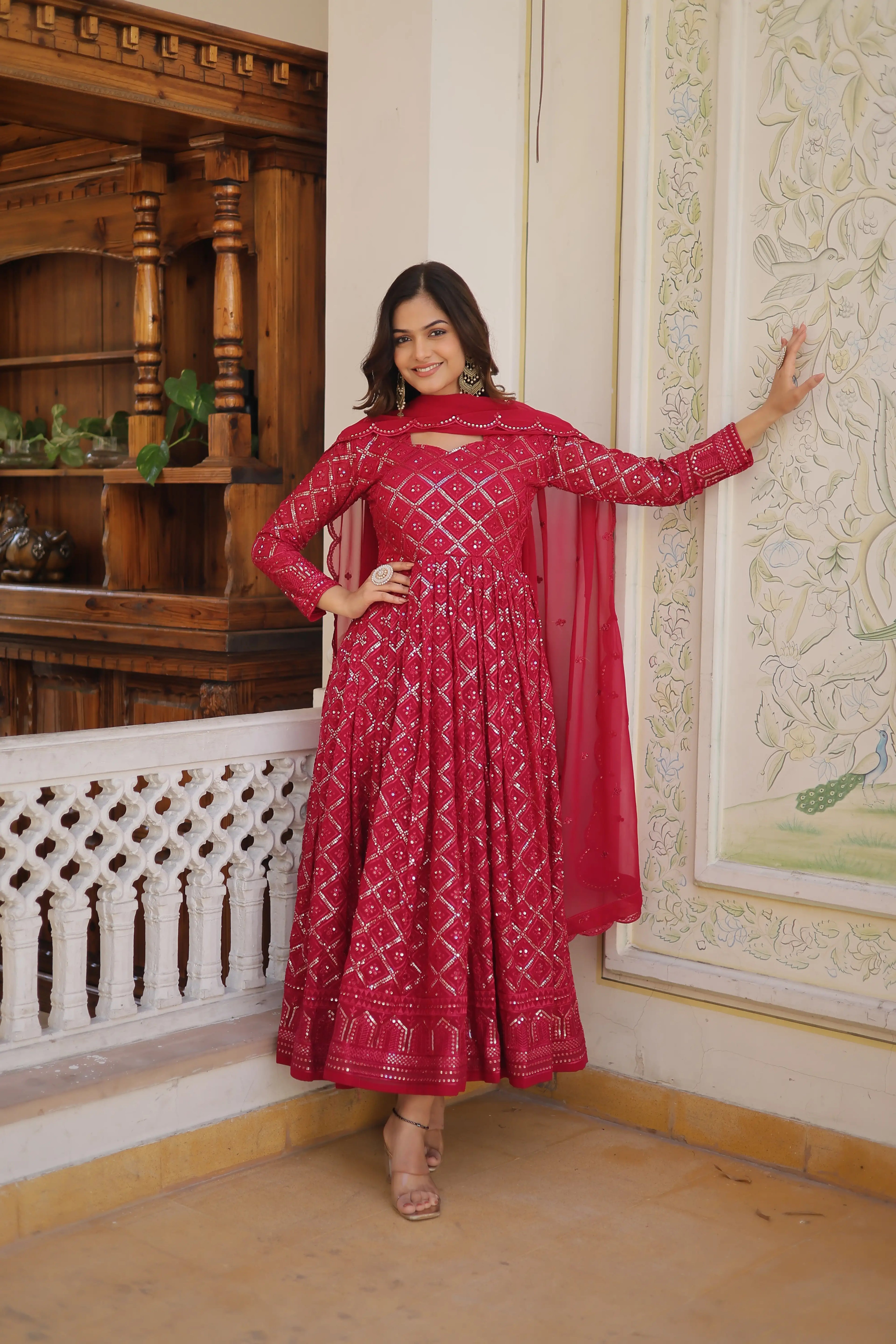 Rani Faux Blooming Designer Gown with Sequined Dupatta – Elegant Fully Flared Party & Wedding Set