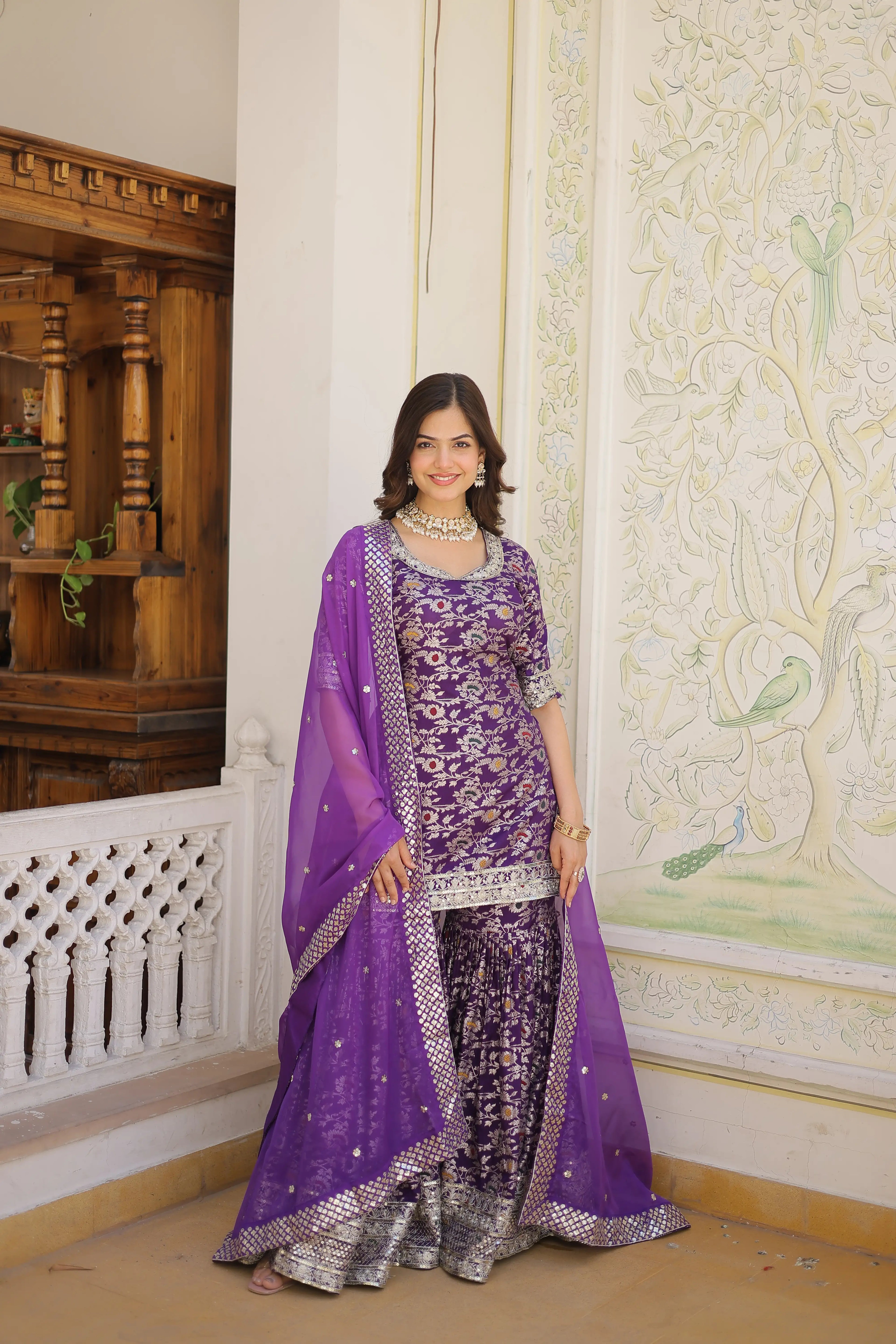 Purple Faux Blooming Sequins Embroidered Sharara Set with Matching Dupatta – Festive & Party Wear
