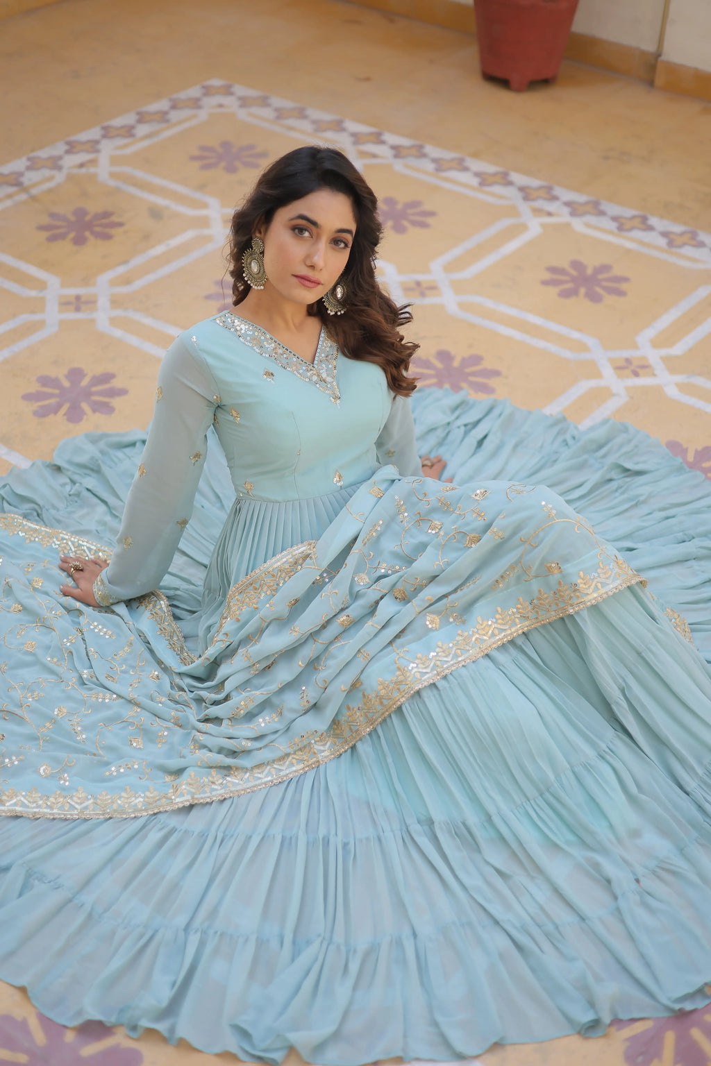 SKY Faux Georgette Designer Gown with Sequined Dupatta – Elegant Fully Flared Party & Wedding Set