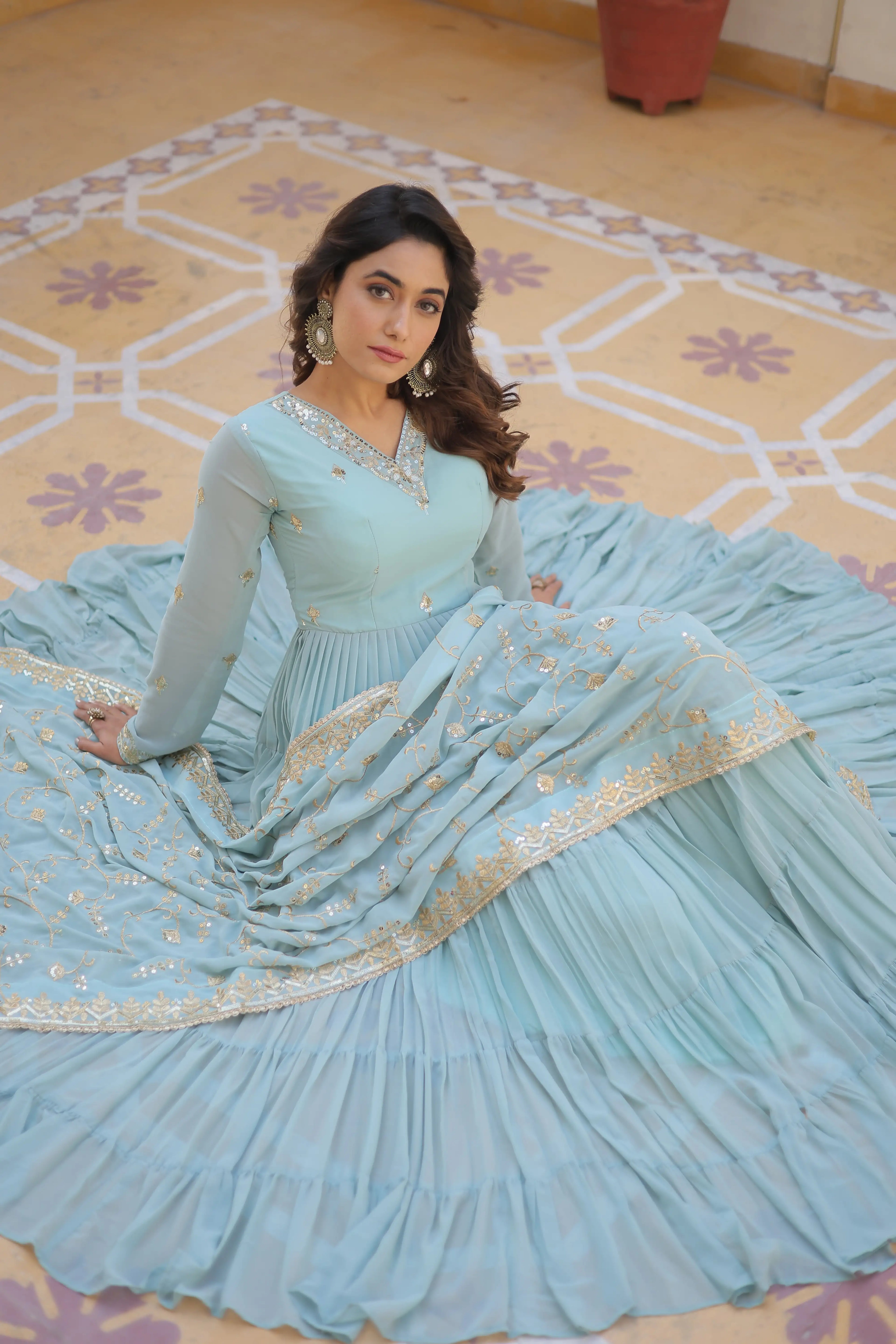 SKY Faux Georgette Designer Gown with Sequined Dupatta – Elegant Fully Flared Party & Wedding Set
