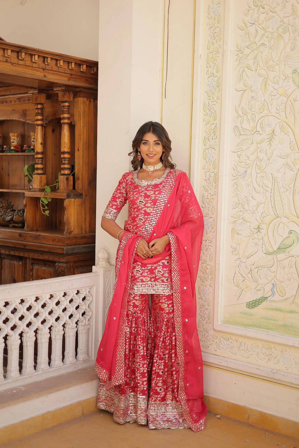 Pink Faux Blooming Sequins Embroidered Sharara Set with Matching Dupatta – Festive & Party Wear
