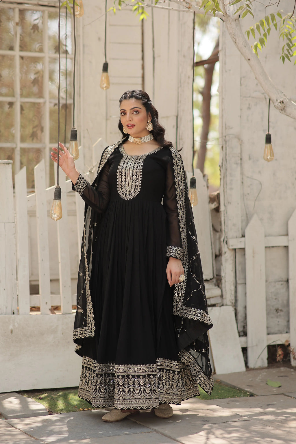 Black Faux Blooming Sequins Embroidered Gown with Matching Dupatta – Festive & Party Wear