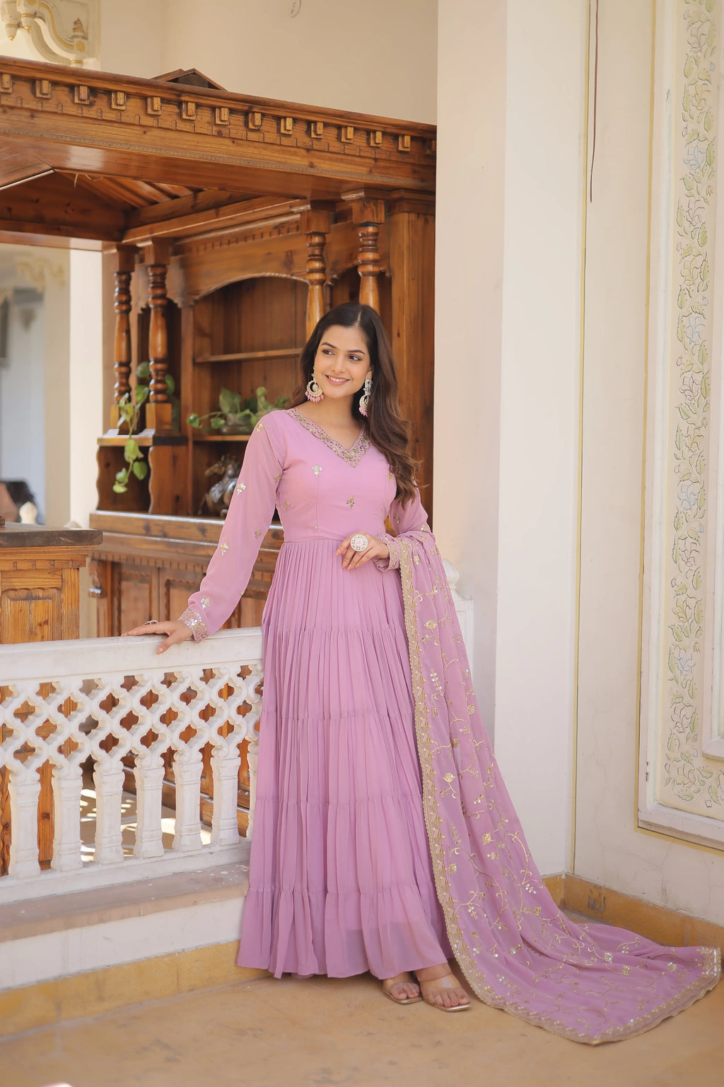 Purple Faux Georgette Designer Gown with Sequined Dupatta – Fully Flared Elegant Ready-to-Wear Set
