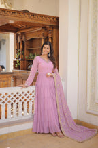 Purple Faux Georgette Designer Gown with Sequined Dupatta – Fully Flared Elegant Ready-to-Wear Set