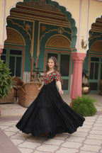 Black Elegant Kutchi Gamthi Work Reyon Gown with Heavy Flair