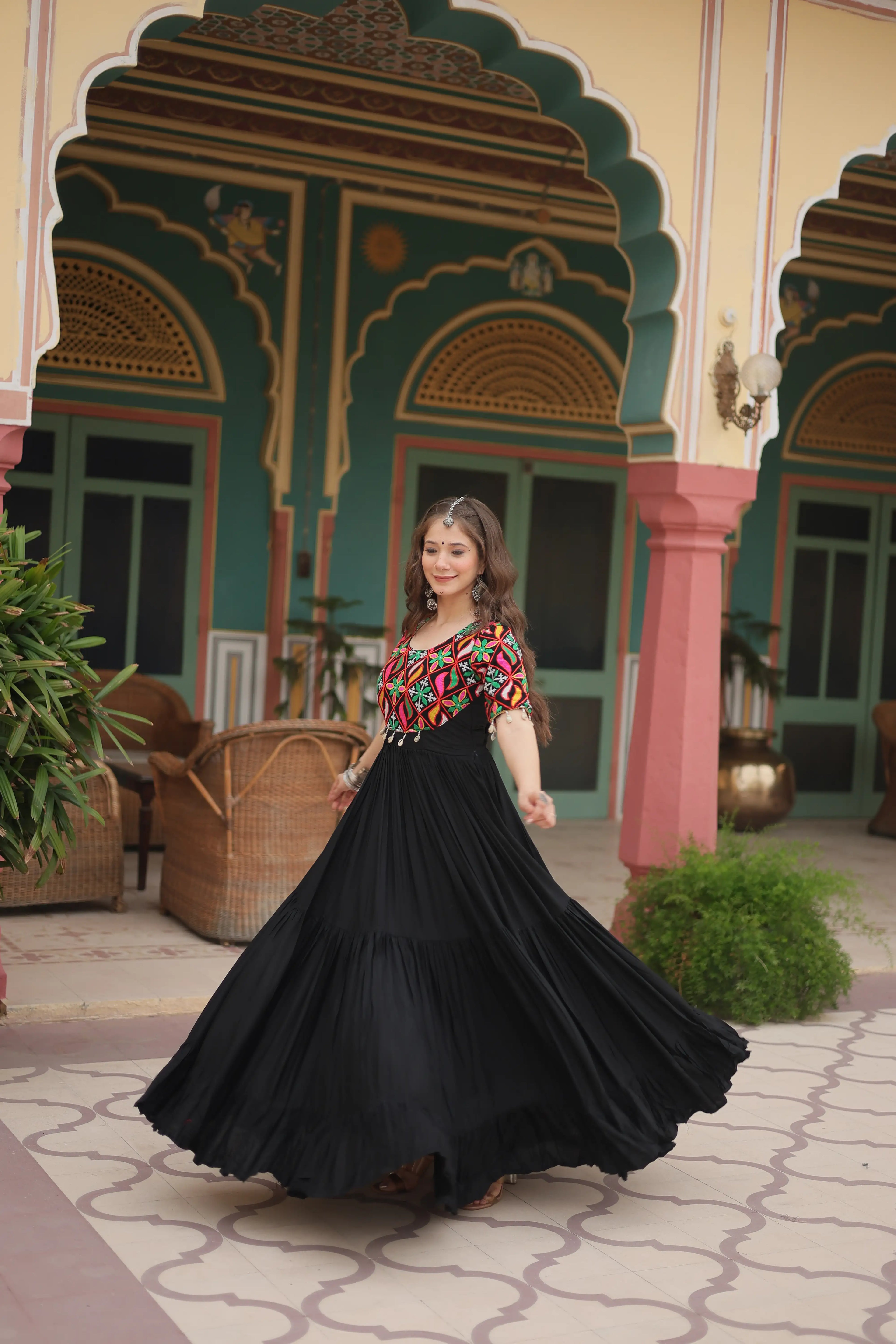 Black Elegant Kutchi Gamthi Work Reyon Gown with Heavy Flair
