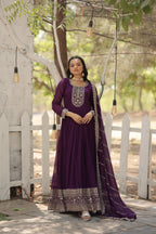 Purple Faux Blooming Sequins Embroidered Gown with Matching Dupatta – Festive & Party Wear