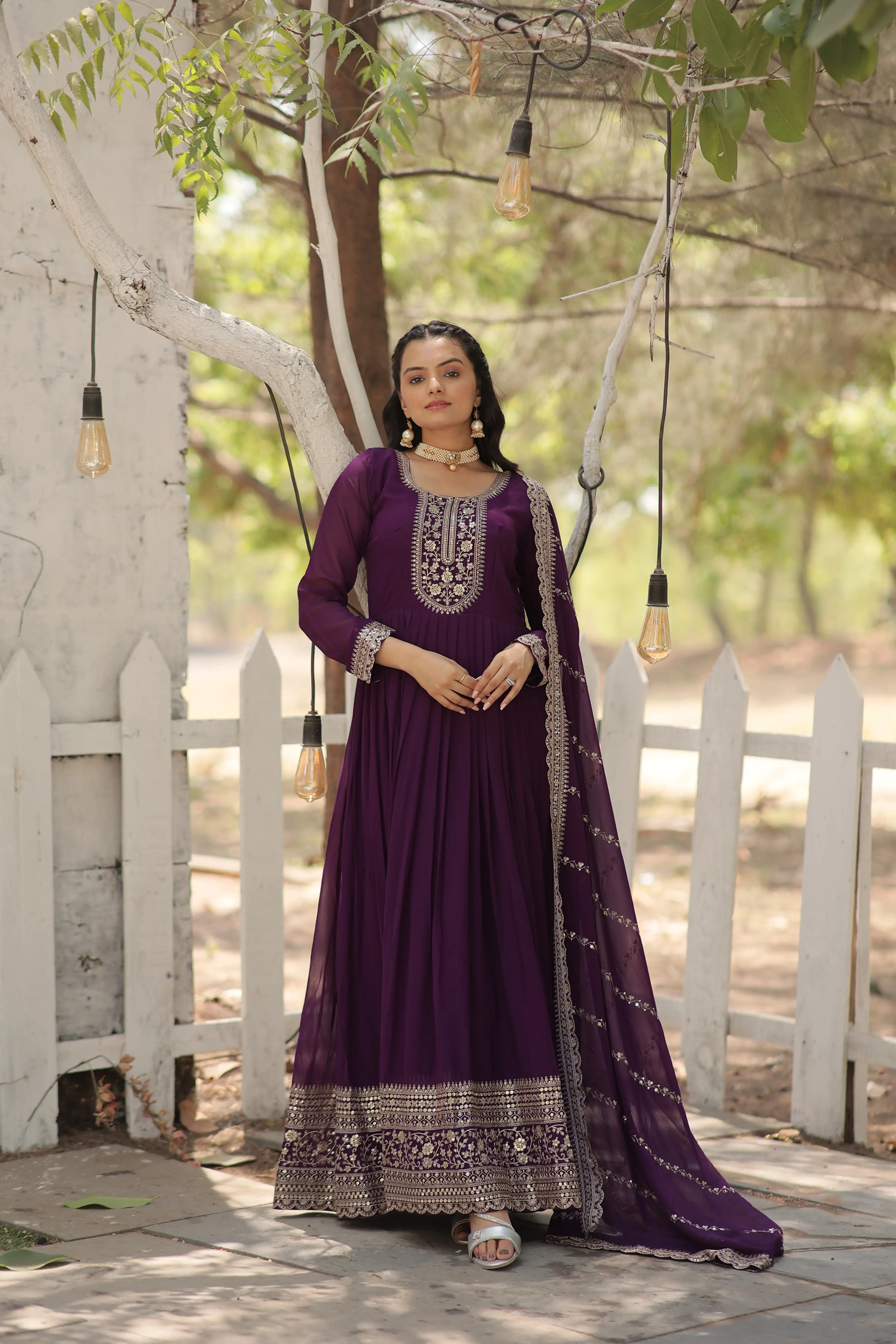 Purple Faux Blooming Sequins Embroidered Gown with Matching Dupatta – Festive & Party Wear