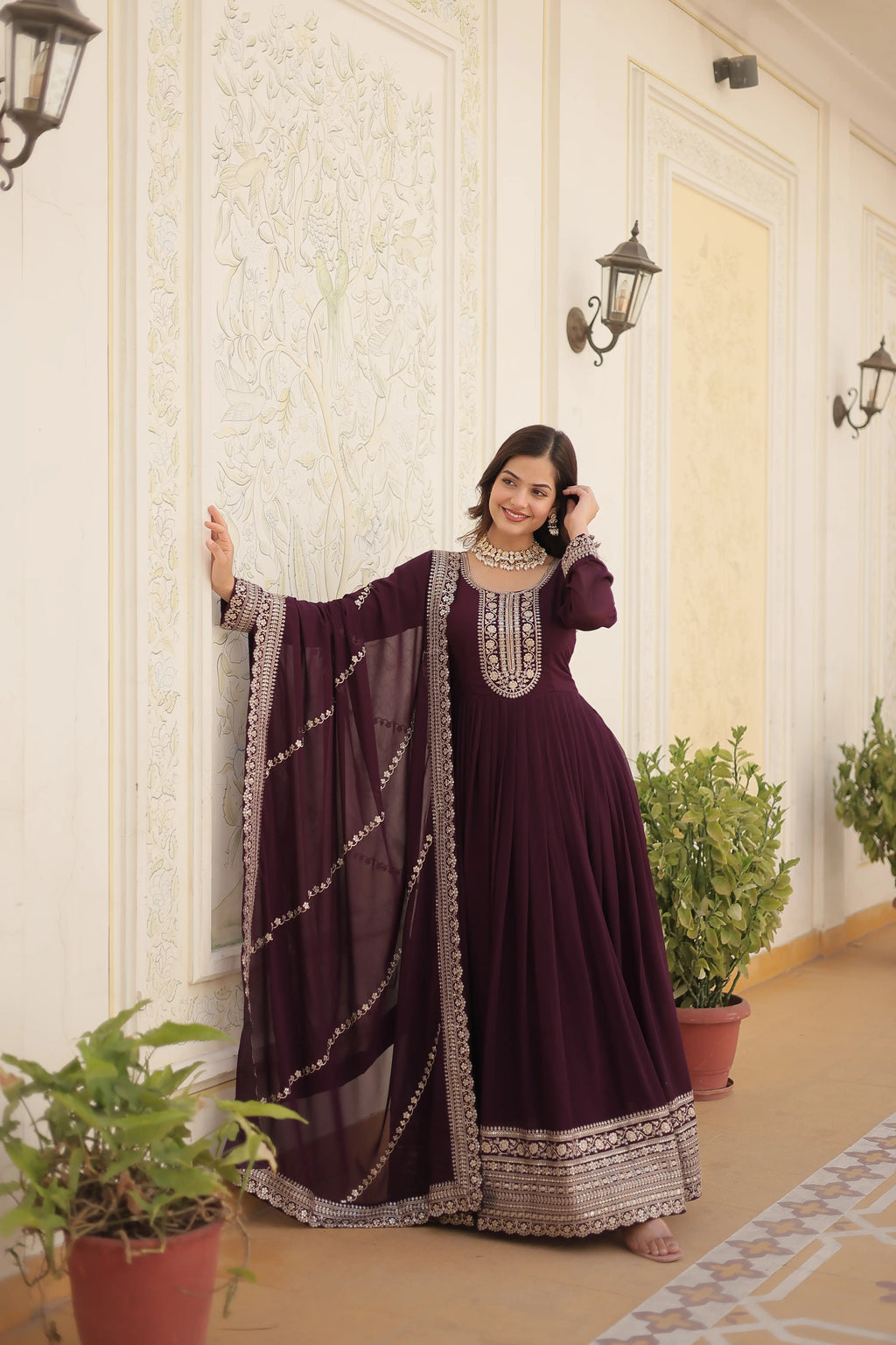 Wine Faux Blooming Sequins Embroidered Gown with Matching Dupatta – Festive & Party Wear